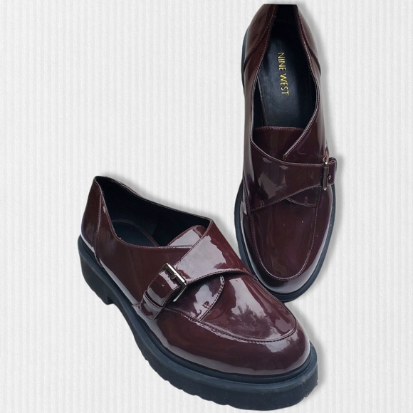 New Nine West Buckle Top Lug Sole Wine Loafers Leather Shoe Size 10